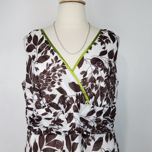 Robbie Bee Brown White Green Leaf Leaves V-Neck Sleeveless Dress Size 22W - Picture 2 of 15